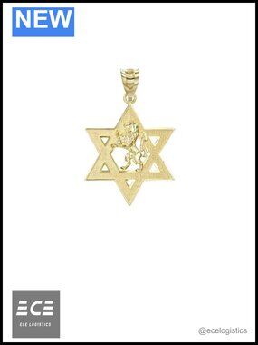 14K Yellow Gold Lion of Judah Magen David Star Pendant Necklace